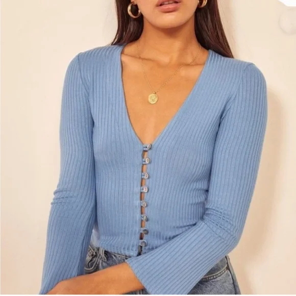 Reformation Sz 2 XS Gellar Long Sleeve Ribbed V Neck Cardigan Stretch XXS - Picture 1 of 7